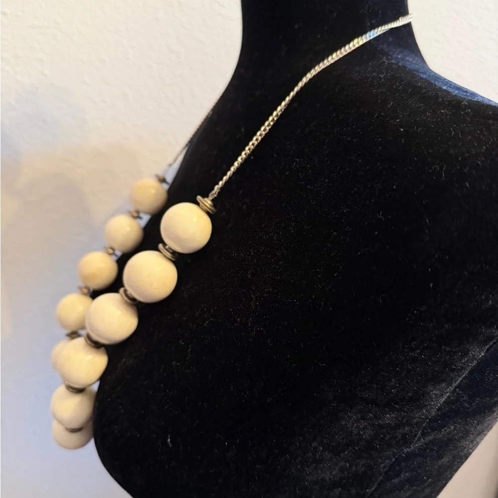 Chunky White Bead Statement Necklace | Heavy Silver Tone